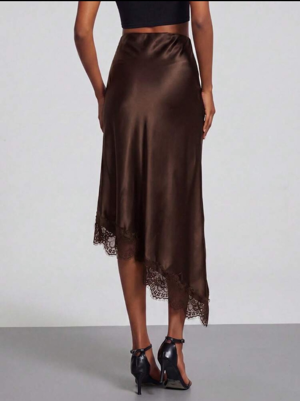 Satin Lace-Trim Asymmetrical High Rise Midi Skirt - Black - Picture 9 of 15